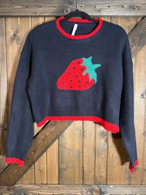 Dreamers Black Cropped Strawberry Crewneck Sweater with Red Trim